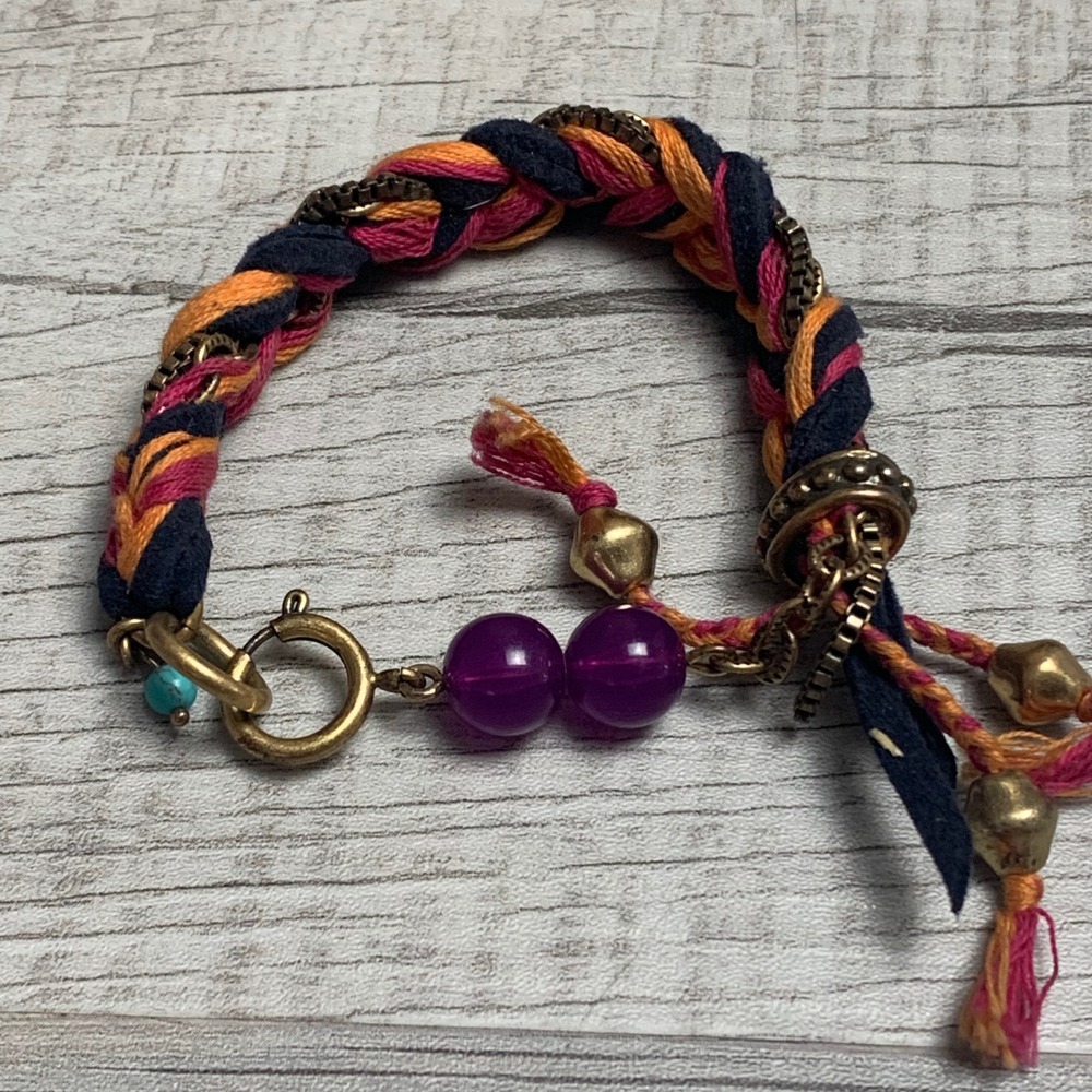 Lucky Brand Braided Cord Tassel Bracelet Purple Beads Gold Tone Boho 5319